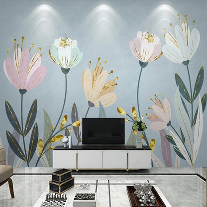 Modern Minimalist Line Drawing Floral Tulips Flowers Wallpaper Wall Mural Home Decor