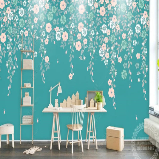 Fresh Hanging Pink Small Leaves Blue Background Wallpaper Wall Mural Wall Covering
