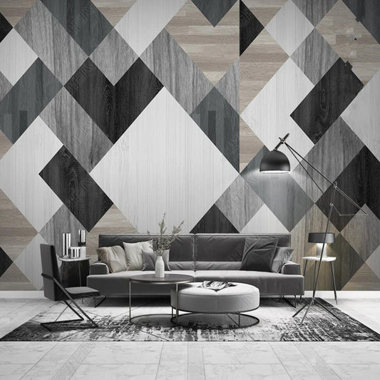 Modern Abstract Geometric Retro Gray Wood Grain Wooden Boards Wallpaper Wall Mural Wall Covering