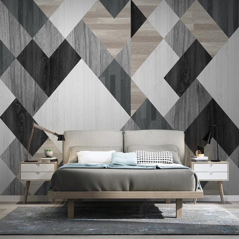 Modern Abstract Geometric Retro Gray Wood Grain Wooden Boards Wallpaper Wall Mural Wall Covering