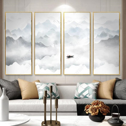 Grey and Light Green Mountains Nature Landscape with Flying Birds and Lake Wallpaper Wall Mural Wall Covering