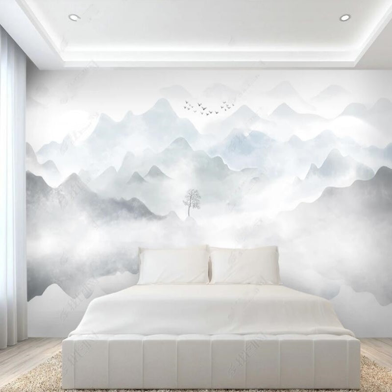 Grey and Light Green Mountains Nature Landscape with Flying Birds and Lake Wallpaper Wall Mural Wall Covering
