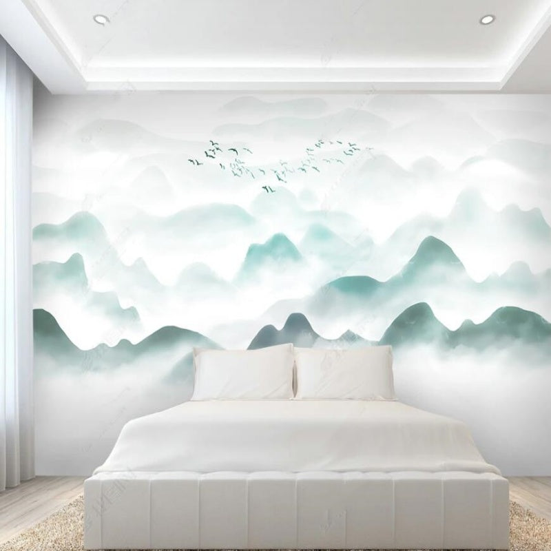 Green Mountains Nature Landscape with Flying Birds Wallpaper Wall Mural Wall Covering