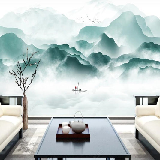 Green Mountains Nature Landscape with Flying Birds and Lake Wallpaper Wall Mural Wall Covering