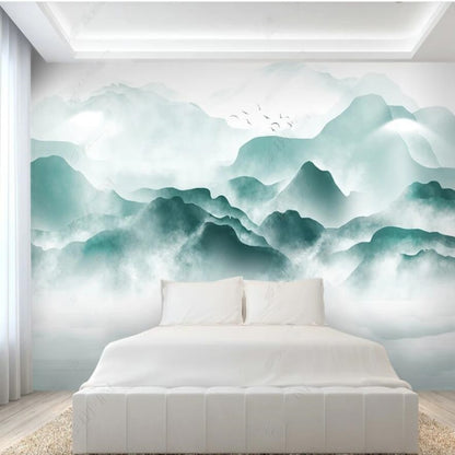 Green Mountains Nature Landscape with Flying Birds and Lake Wallpaper Wall Mural Wall Covering