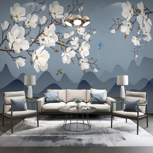 Chinoserie Brushwork Magnolia Flowers Branch Wallpaper Wall Mural Wall Covering