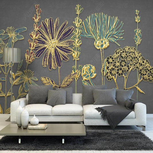 Modern Golden Lines Flowers Wallpaper Wall Mural Home Decor