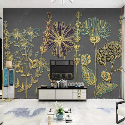 Modern Golden Lines Flowers Wallpaper Wall Mural Home Decor
