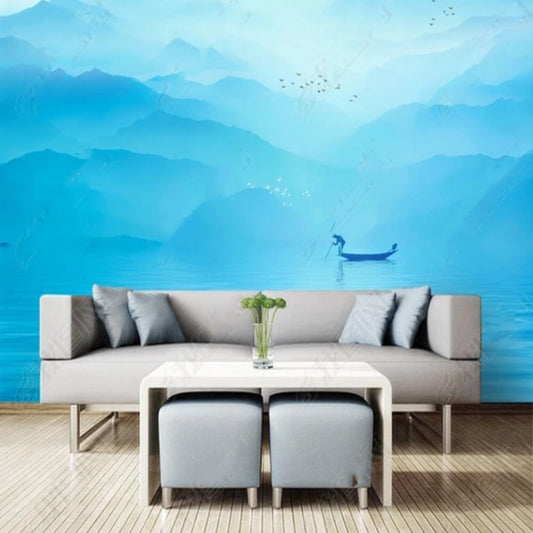 Blue Mountains Nature Landscape with Flying Birds and Lake Wallpaper Wall Mural Wall Covering