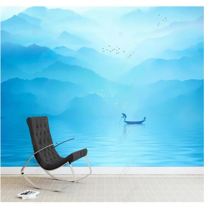 Blue Mountains Nature Landscape with Flying Birds and Lake Wallpaper Wall Mural Wall Covering