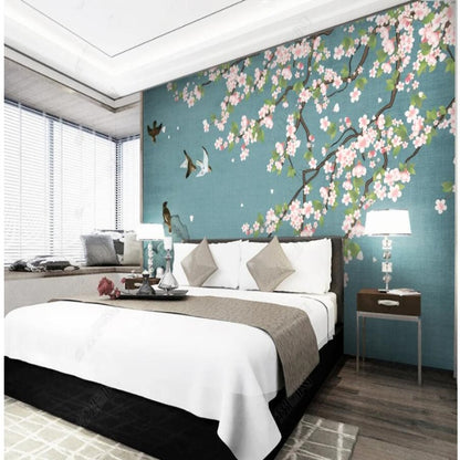 Chinoiserie Brushwork Cherry Blossom with Birds Wallpaper Wall Mural Wall Covering