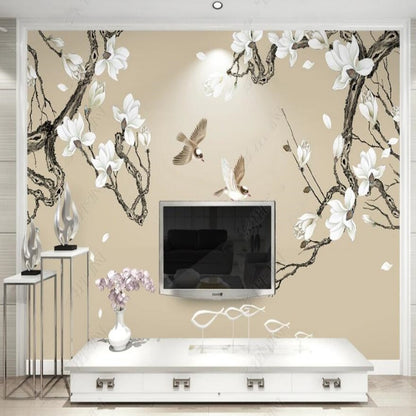 Chinoiserie Brushwork Magnolia with Birds Wallpaper Wall Mural Wall Covering