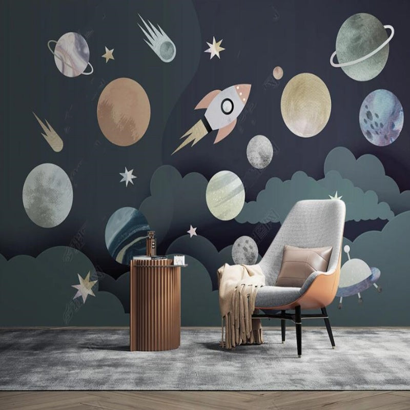 Cartoon Planets and Rocket Space Universe Nursery Wallpaper Wall Mural Wall Covering