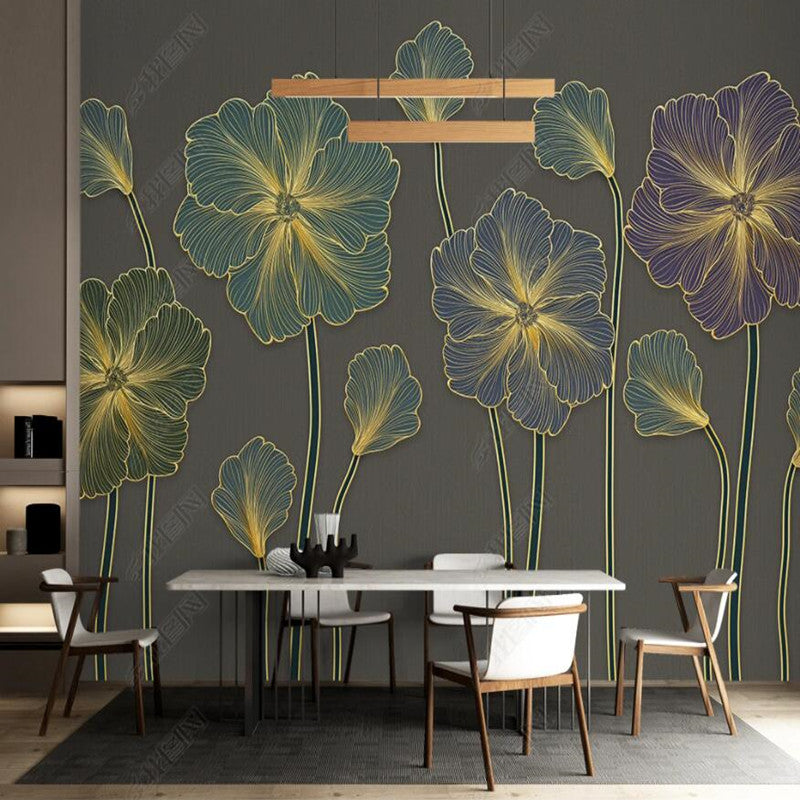 Modern Golden Lines Flowers Floral Wallpaper Wall Mural Home Decor