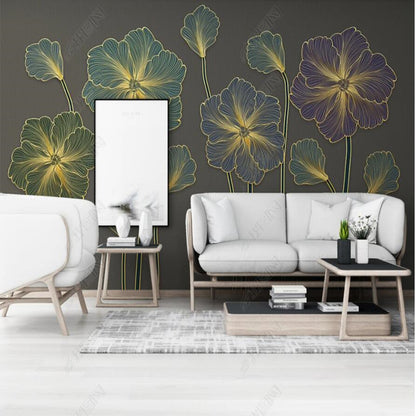 Modern Golden Lines Flowers Floral Wallpaper Wall Mural Home Decor