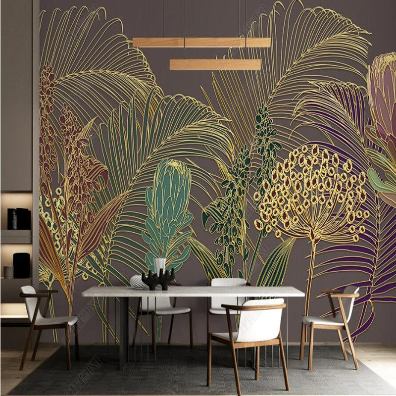 Postmodern Nordic Lines Depicting Tropical Plant Leaves Wallpaper Wall Mural Wall Covering