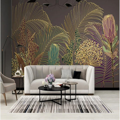 Postmodern Nordic Lines Depicting Tropical Plant Leaves Wallpaper Wall Mural Wall Covering