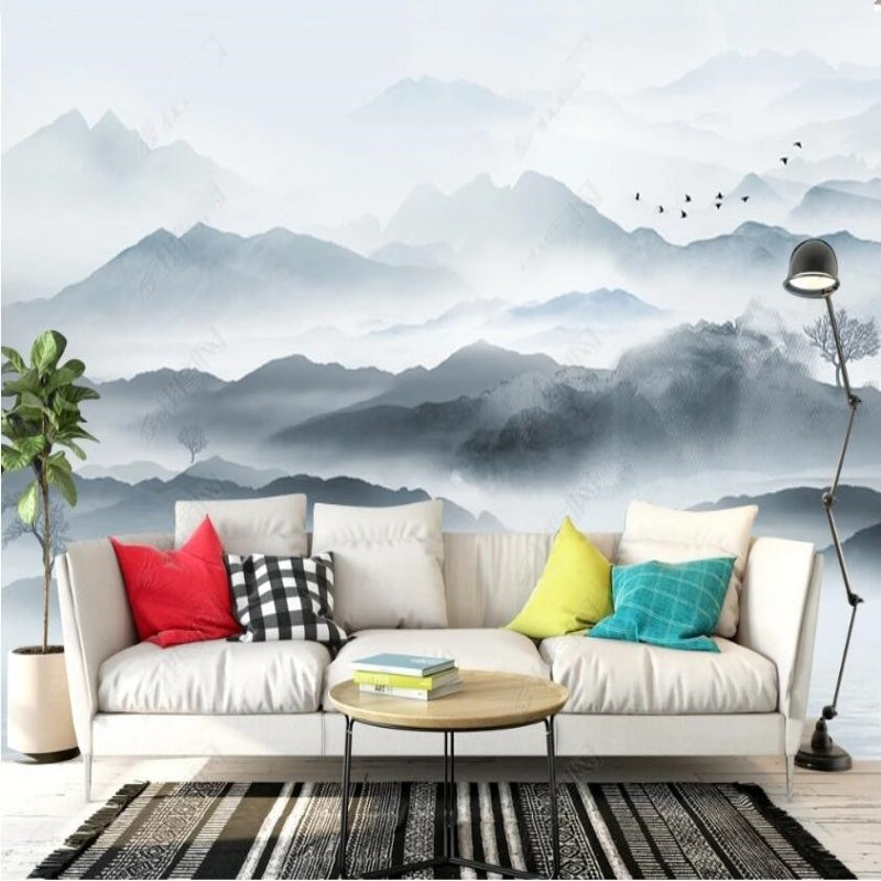Grey Mountains with Flying Birds Nature Landscape Wallpaper Wall Mural Home Decor