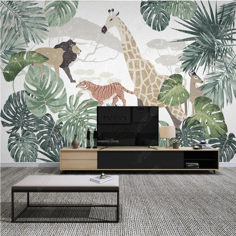 Cartoon Tropical Plans Animal Giraffe Nursery Wallpaper Wall Mural Wall Covering