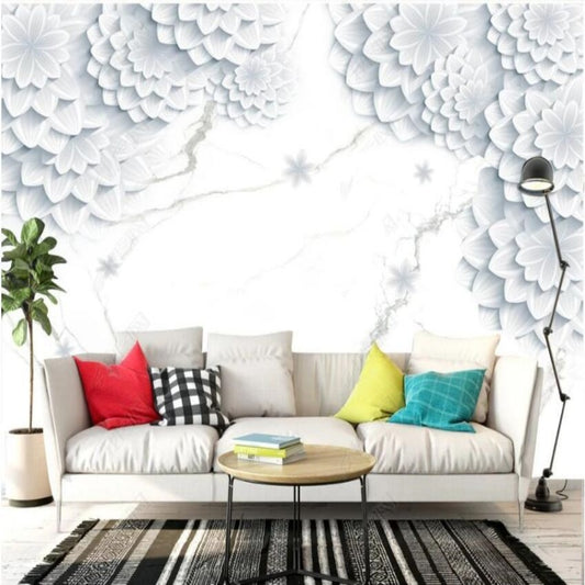 Simple White Mable White Big Flowers Wallpaper Wall Mural Home Decor