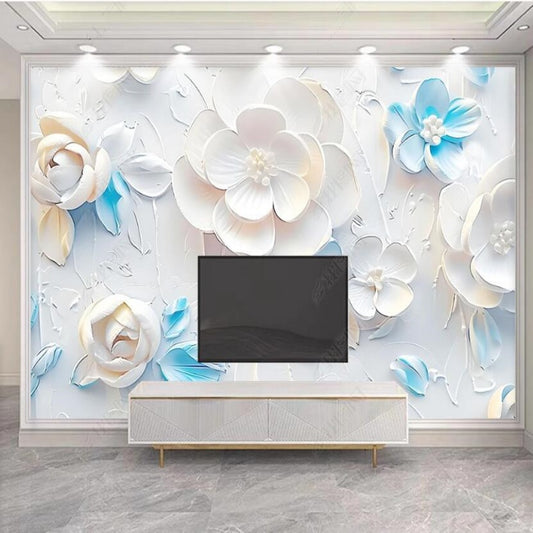White White and Blue Big Flowers Floral Wallpaper Wall Mural Home Decor