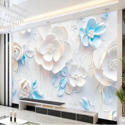 White White and Blue Big Flowers Floral Wallpaper Wall Mural Home Decor