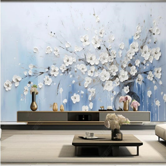 Chinoiserie Brushwork White Tree Flowers Cherry Blossom Wallpaper Wall Mural Home Decor