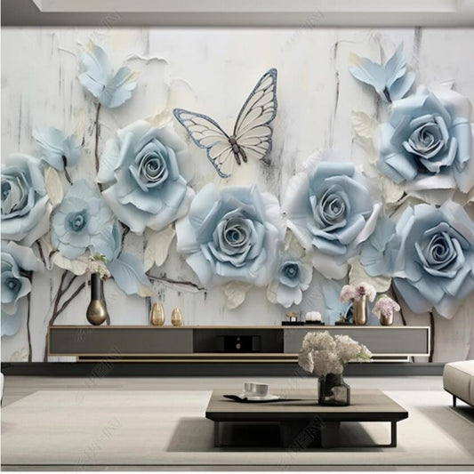 Hanging Blue Rose Flowers Floral with Butterfly Wallpaper Wall Mural Home Decor