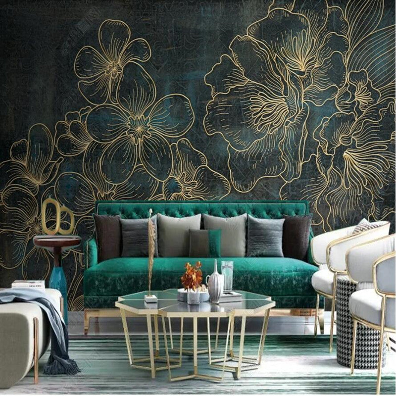 Nordic Light Luxury Golden Line Flowers Floral Wallpaper Wall Mural Home Decor