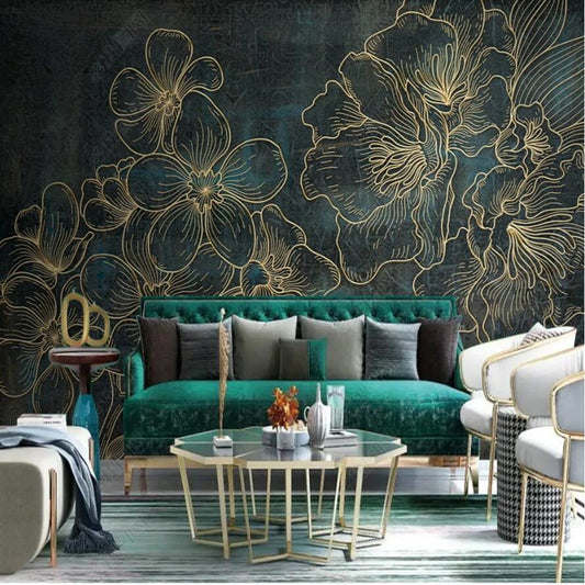 Nordic Light Luxury Golden Line Flowers Floral Wallpaper Wall Mural Home Decor