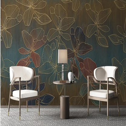 Nordic Golden Line Flowers Floral Wallpaper Wall Mural Home Decor