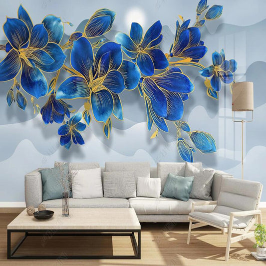 Modern Blue Flowers Floral Wallpaper Wall Mural Home Decor