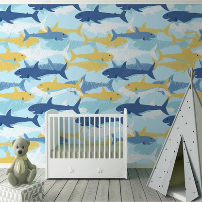 Original Watercolor Whales Sharks Children's Room Nursery Wallpaper Wall Mural Wall Covering