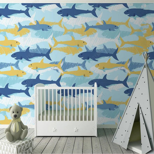 Original Watercolor Whales Sharks Children's Room Nursery Wallpaper Wall Mural Wall Covering