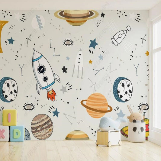 Cartoon Universe Planets and Rockets Wallpaper Wall Mural Home Decor