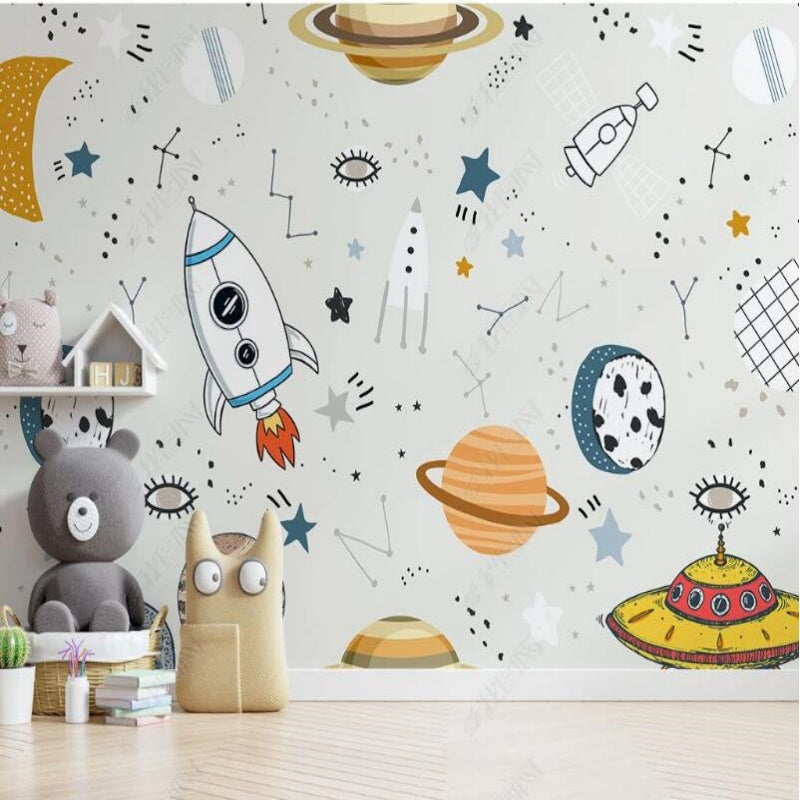 Cartoon Universe Planets and Rockets Wallpaper Wall Mural Home Decor