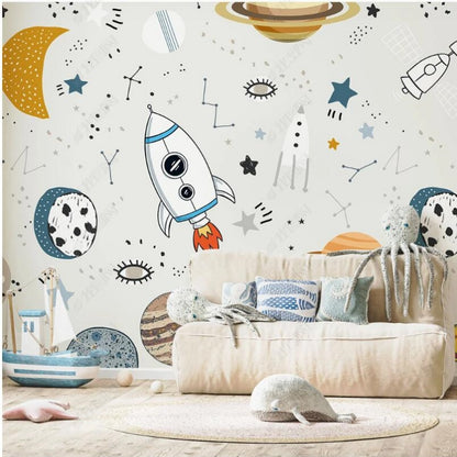 Cartoon Universe Planets and Rockets Wallpaper Wall Mural Home Decor