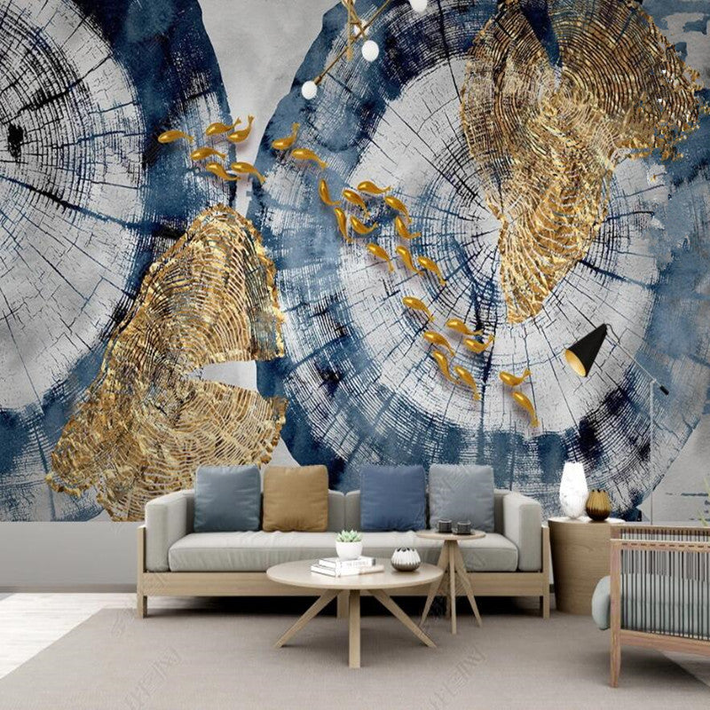 Nordic Minimalist Wood Annual Rings Koi Abstract Ink Painting Art Wallpaper Wall Mural