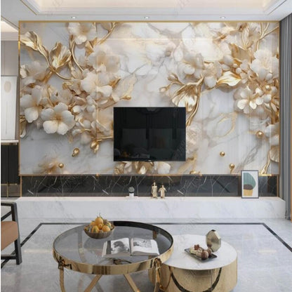 3D White Flowers Floral Golden Leaves Wallpaper Wall Mural Home Decor