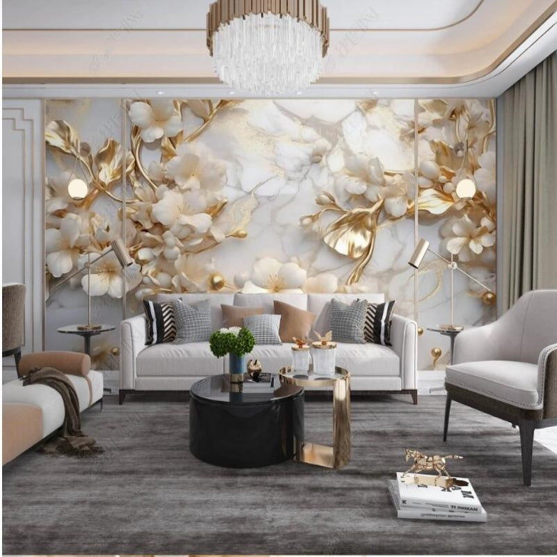 3D White Flowers Floral Golden Leaves Wallpaper Wall Mural Home Decor