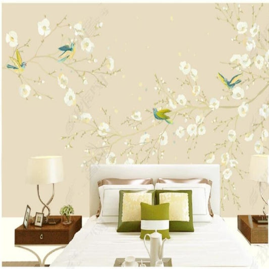 Chinoiserie Brushwork Hanging White Flowers with Birds Wallpaper Wall Mural Home Decor