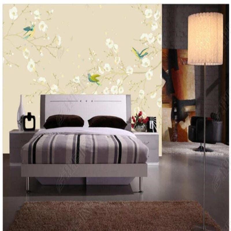 Chinoiserie Brushwork Hanging White Flowers with Birds Wallpaper Wall Mural Home Decor