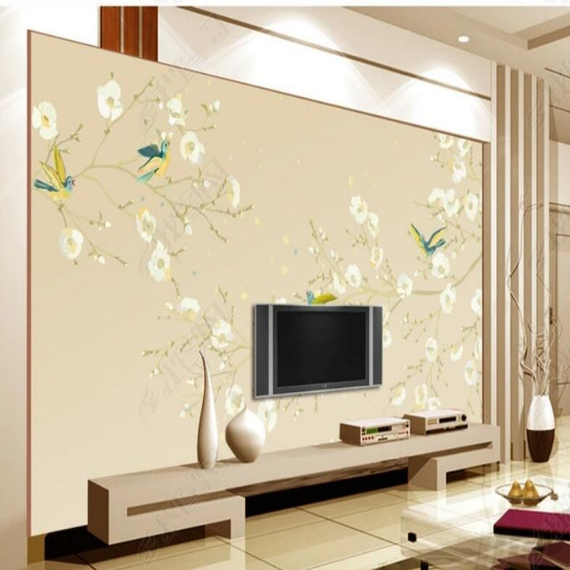 Chinoiserie Brushwork Hanging White Flowers with Birds Wallpaper Wall Mural Home Decor