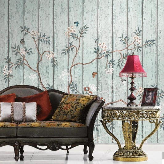 Wood Background Flower Tree with Butterflies Wallpaper Wall Mural Home Decor