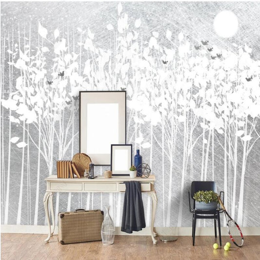Winter White Tree Forest with Flying Birds Wallpaper Wall Mural Home Decor