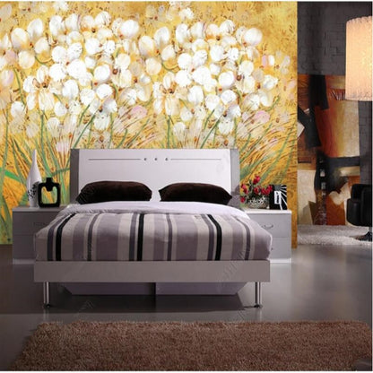 White Flowers Floral Green Levaes Wallpaper Wall Mural Home Decor