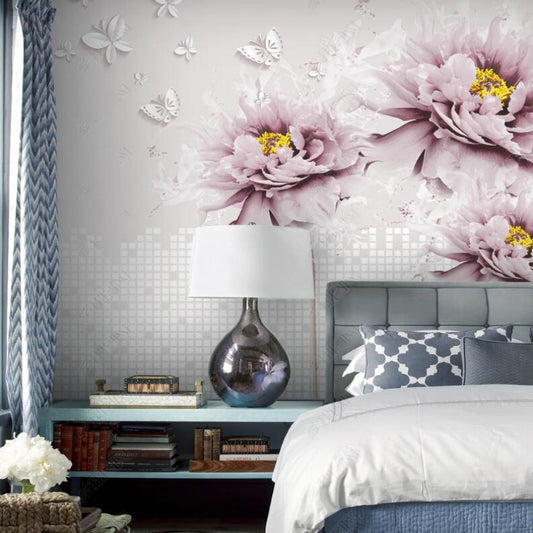 Purple Peony Flowers Floral with White Butterflies Wallpaper Wall Mural Home Decor