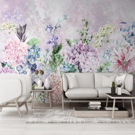 Watercolor American Pastoral Hydrangea Flowers Floral Wallpaper Wall Mural Home Decor