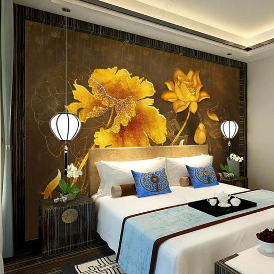 Golden Lotus Floral Wallpaper Wall Mural Home Decor