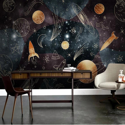 Cartoon Universe American Style Modern Starry Planets Wallpaper Wall Mural Home Decor